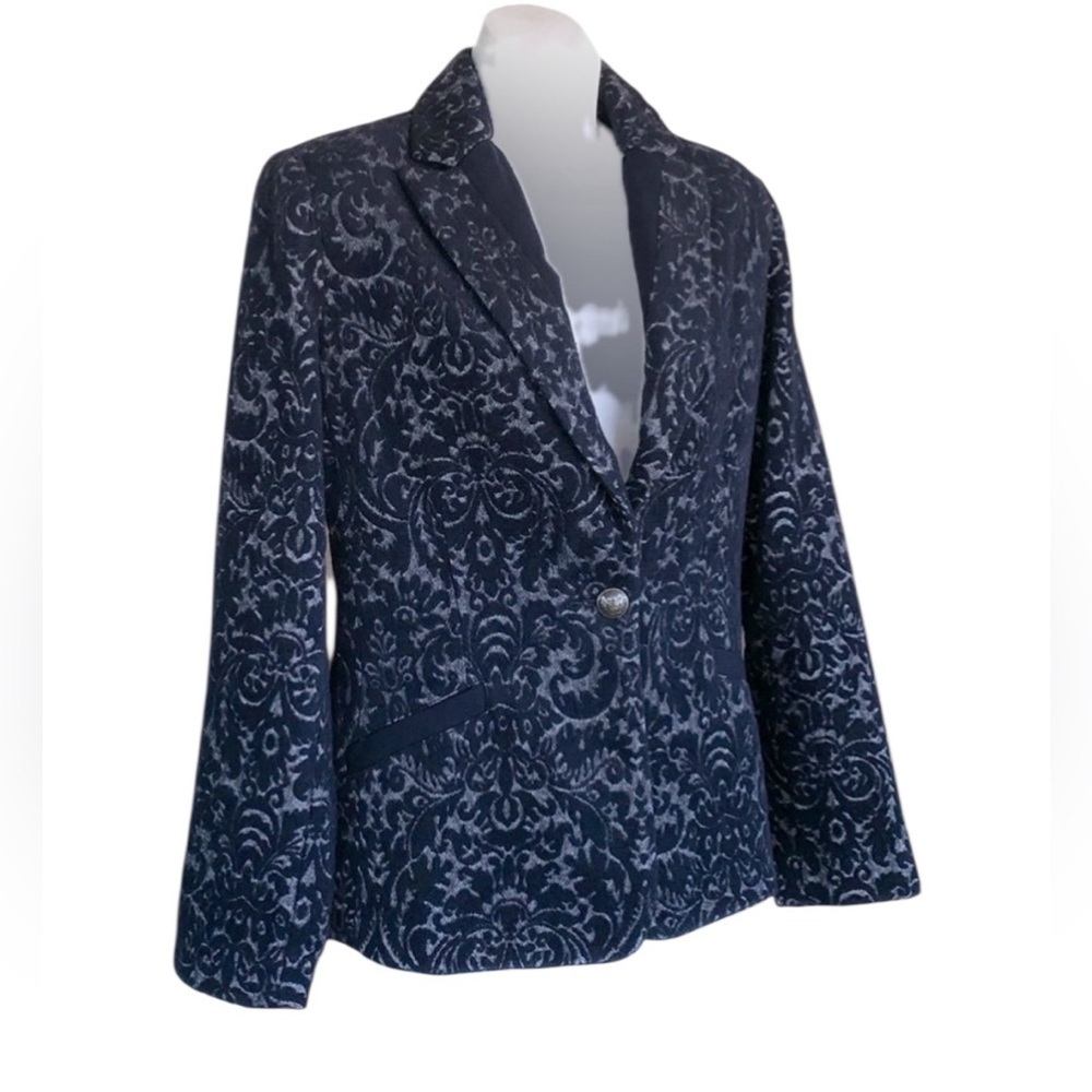 Cabi jacket Women's 4, navy/grey damask, textured, single button, pockets. EUC